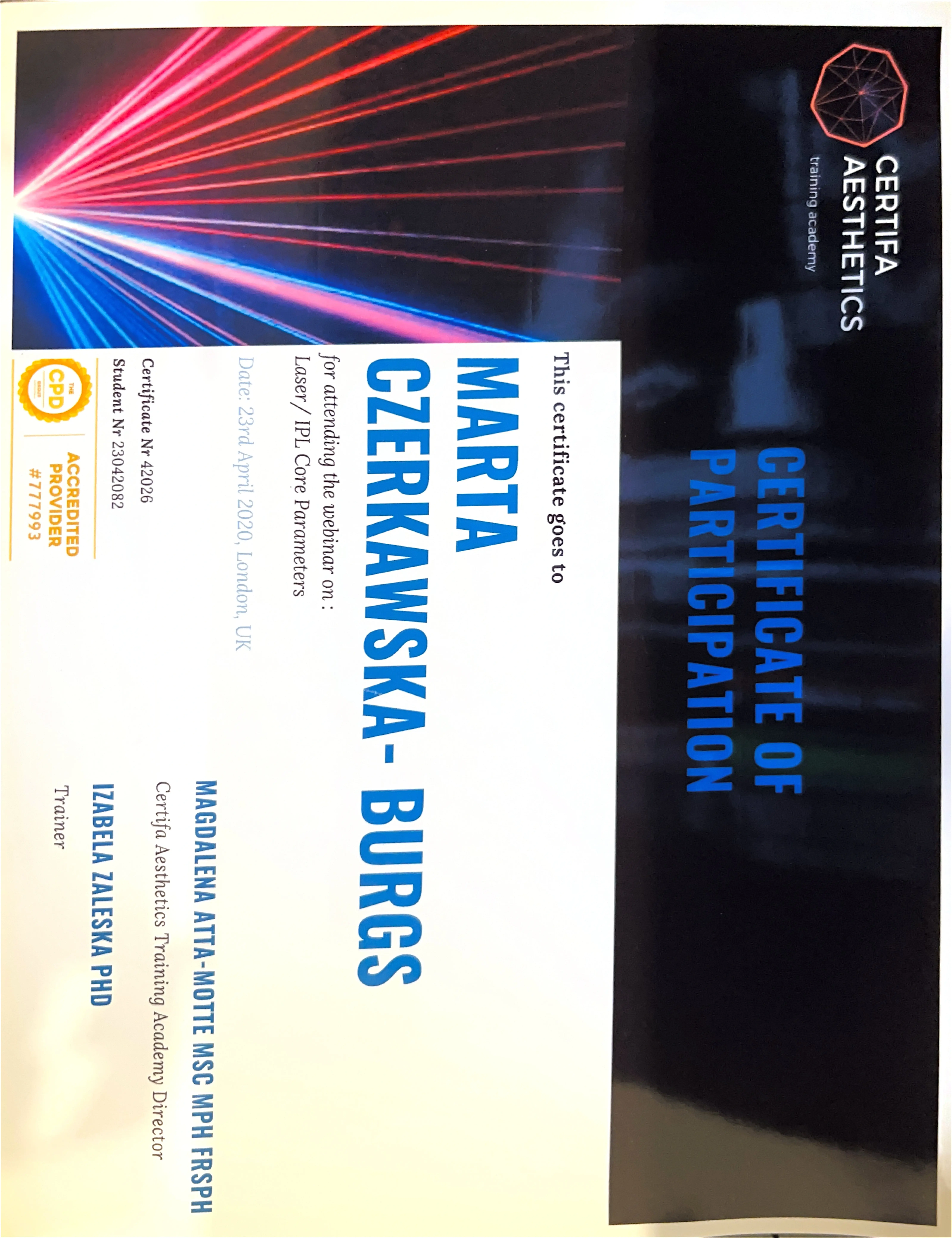 Certyfikat Marta Czerkawska Burgs certifa